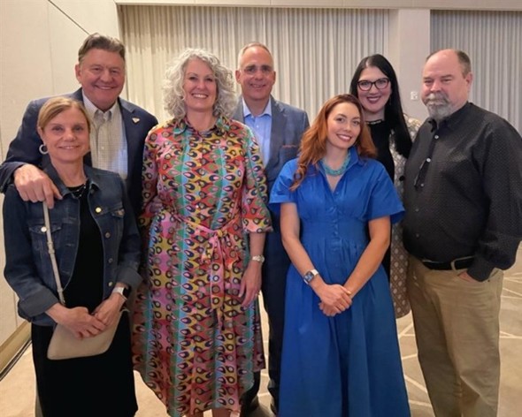 from left to right: CAGC’s Dave and Denise Simpson, Ty and Kimberly Edmondson; ConstructConnect’s Brittani Phillips, Senior Integrated Marketing Manager, and Jennifer Johnson, Chief Product Officer; and Pete Malmberg of C&C Drywall